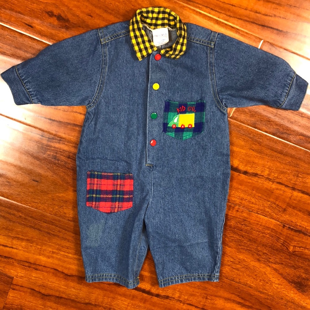 Hopscotch 80s Vintage Denim Jeans Plaid Collar Button One Piece